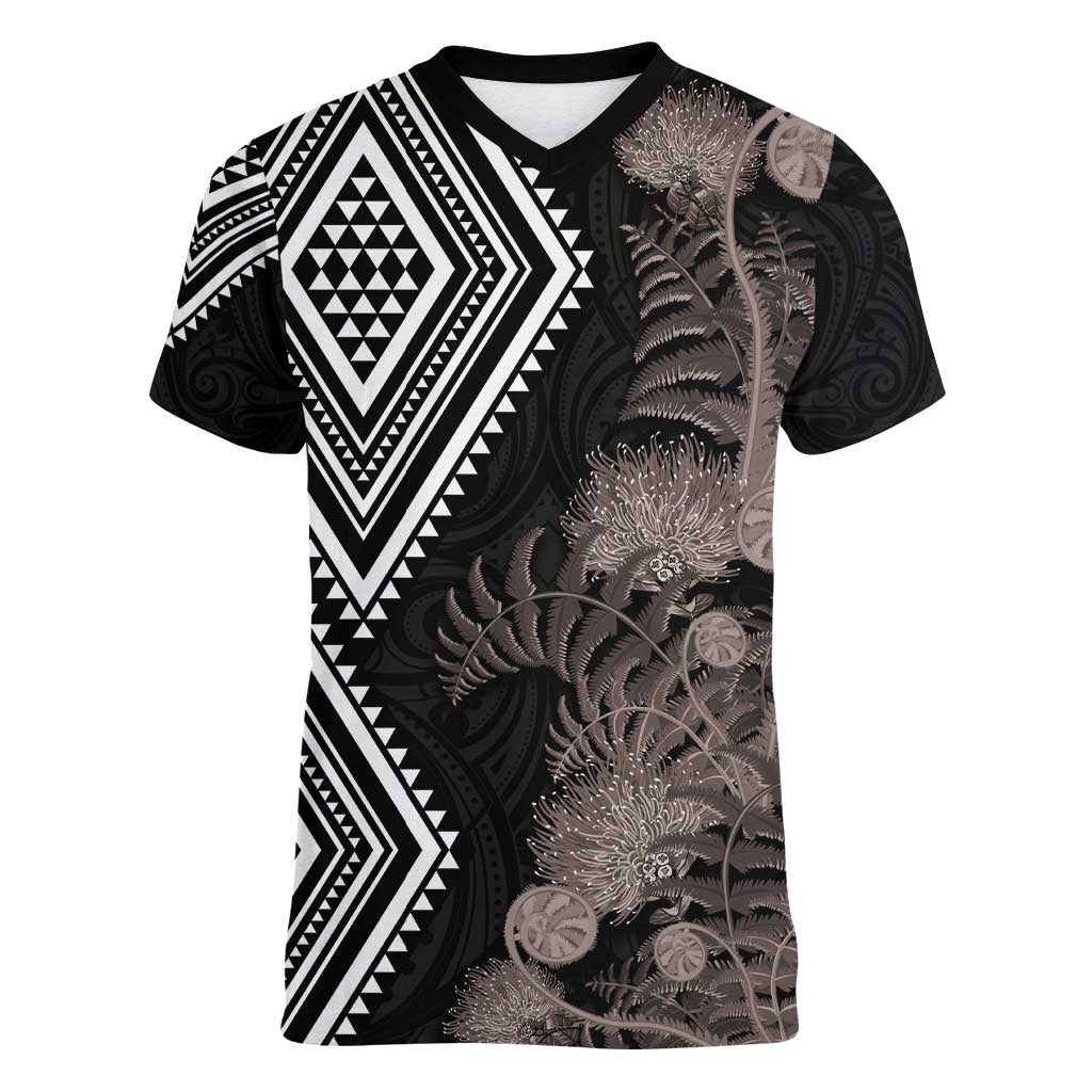 Aotearoa Tukutuku Motif Women V-Neck T-Shirt Pohutukawa and Fern Leaves Grayscale Color