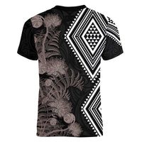 Aotearoa Tukutuku Motif Women V-Neck T-Shirt Pohutukawa and Fern Leaves Grayscale Color