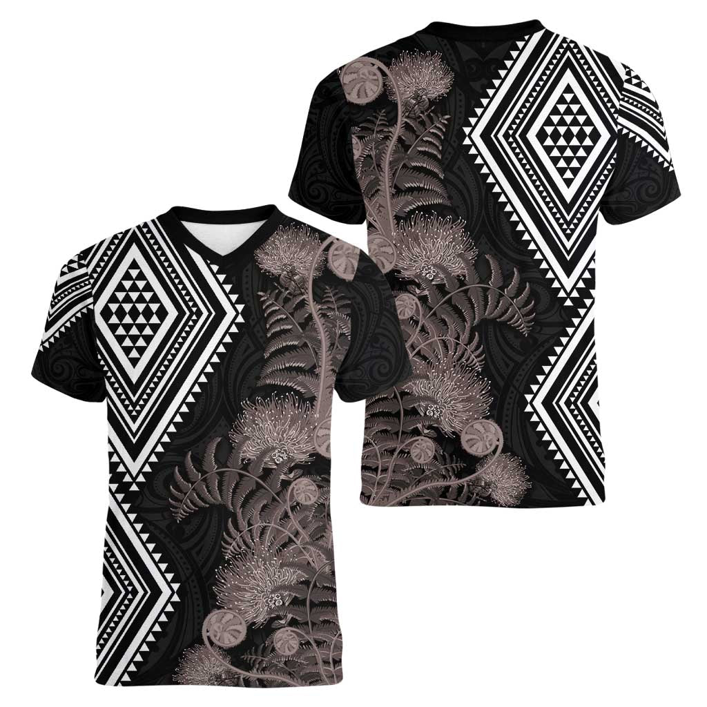 Aotearoa Tukutuku Motif Women V-Neck T-Shirt Pohutukawa and Fern Leaves Grayscale Color
