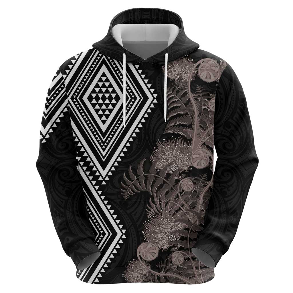 Aotearoa Tukutuku Motif Zip Hoodie Pohutukawa and Fern Leaves Grayscale Color LT03 - Polynesian Pride