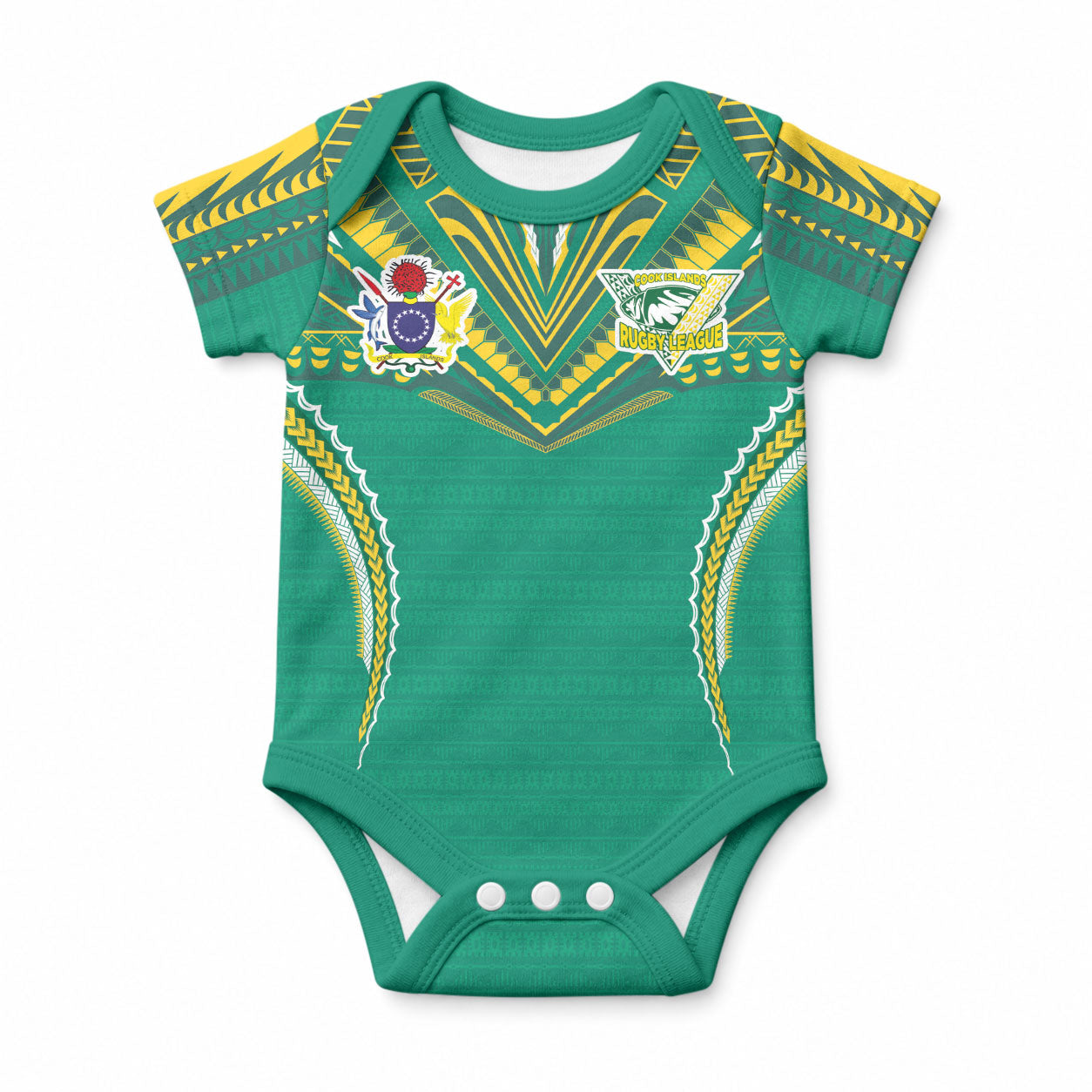 Custom Cook Islands Rugby Baby Onesie Tatau Art Sport Style Green Color LT03 Green - Polynesian Pride