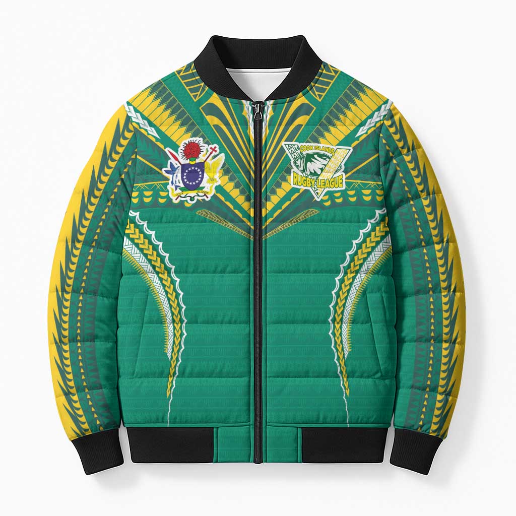 Custom Cook Islands Rugby Bomber Puffer Jacket Tatau Art Sport Style Green Color
