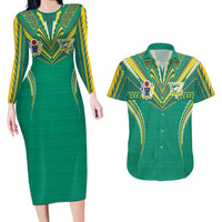Custom Cook Islands Rugby Couples Matching Long Sleeve Bodycon Dress and Hawaiian Shirt Tatau Art Sport Style Green Color LT03 Green - Polynesian Pride