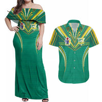 Custom Cook Islands Rugby Couples Matching Off Shoulder Maxi Dress and Hawaiian Shirt Tatau Art Sport Style Green Color LT03 Green - Polynesian Pride