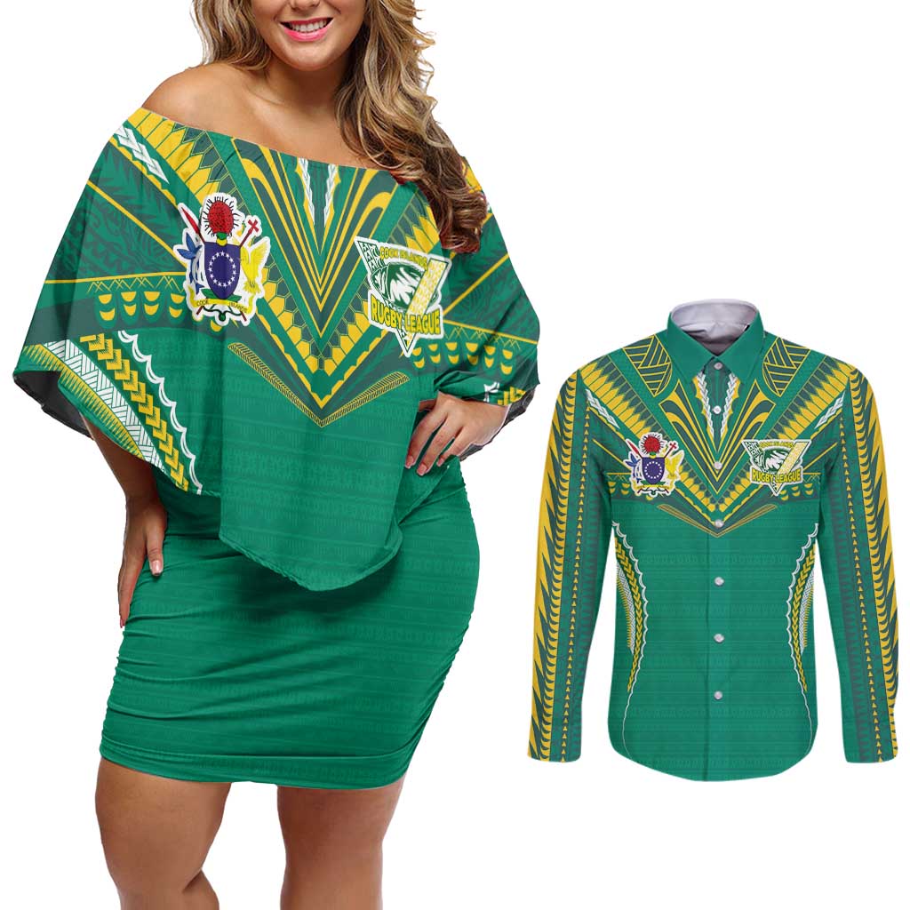 Custom Cook Islands Rugby Couples Matching Off Shoulder Short Dress and Long Sleeve Button Shirt Tatau Art Sport Style Green Color LT03 Green - Polynesian Pride
