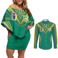 Custom Cook Islands Rugby Couples Matching Off Shoulder Short Dress and Long Sleeve Button Shirt Tatau Art Sport Style Green Color LT03 Green - Polynesian Pride