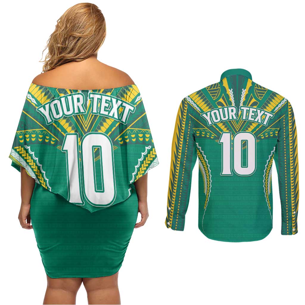 Custom Cook Islands Rugby Couples Matching Off Shoulder Short Dress and Long Sleeve Button Shirt Tatau Art Sport Style Green Color LT03 - Polynesian Pride