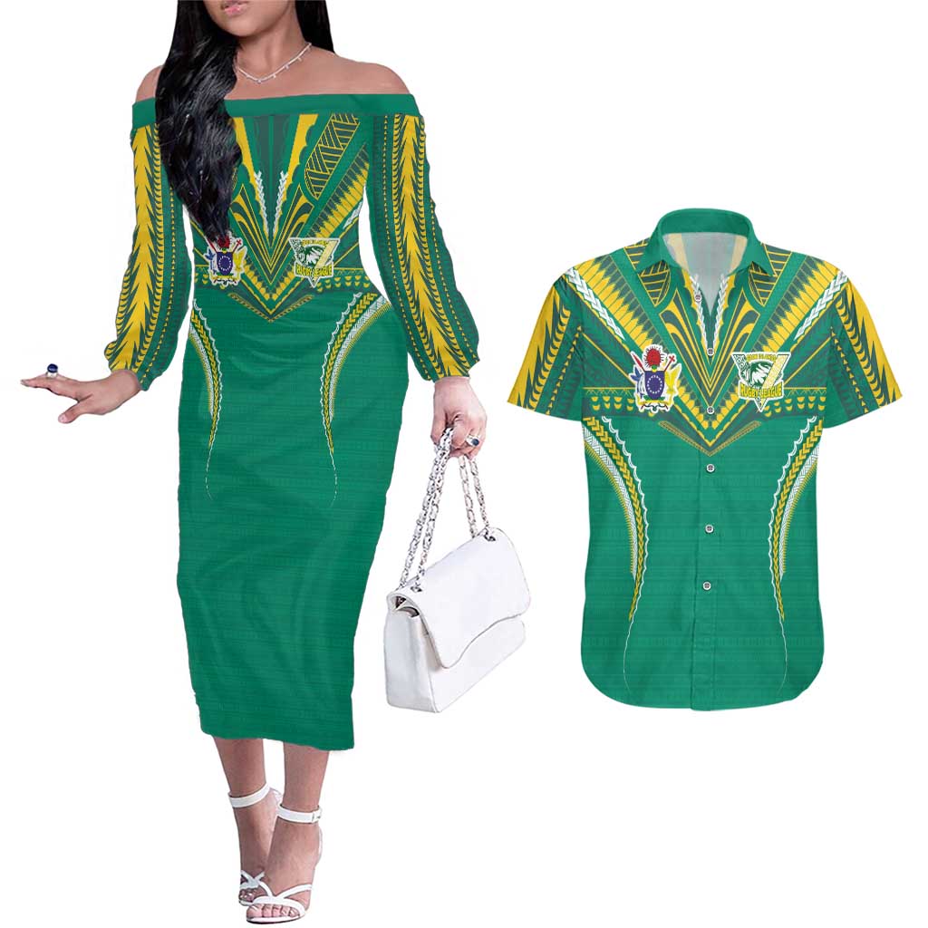 Custom Cook Islands Rugby Couples Matching Off The Shoulder Long Sleeve Dress and Hawaiian Shirt Tatau Art Sport Style Green Color LT03 Green - Polynesian Pride