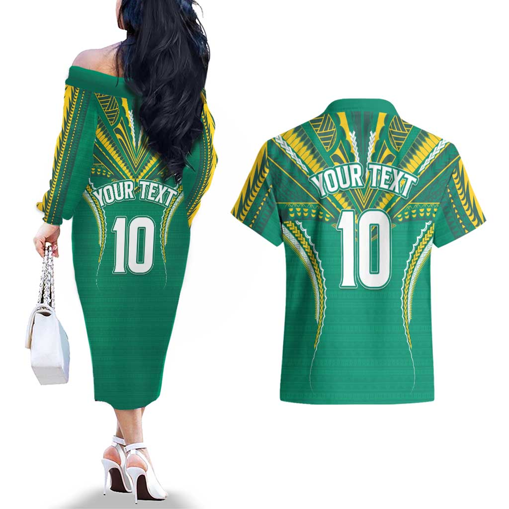 Custom Cook Islands Rugby Couples Matching Off The Shoulder Long Sleeve Dress and Hawaiian Shirt Tatau Art Sport Style Green Color LT03 - Polynesian Pride
