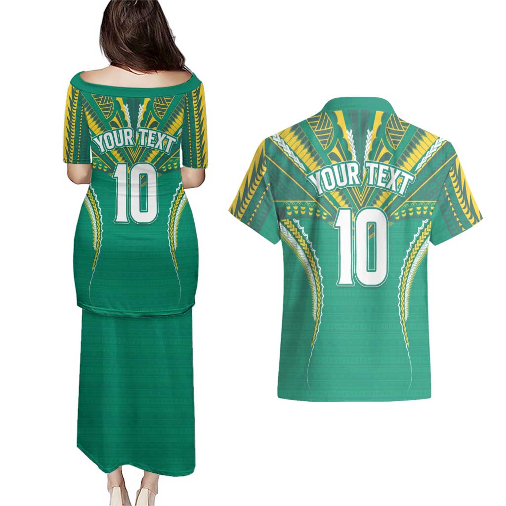 Custom Cook Islands Rugby Couples Matching Puletasi and Hawaiian Shirt Tatau Art Sport Style Green Color LT03 - Polynesian Pride