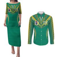 Custom Cook Islands Rugby Couples Matching Puletasi and Long Sleeve Button Shirt Tatau Art Sport Style Green Color