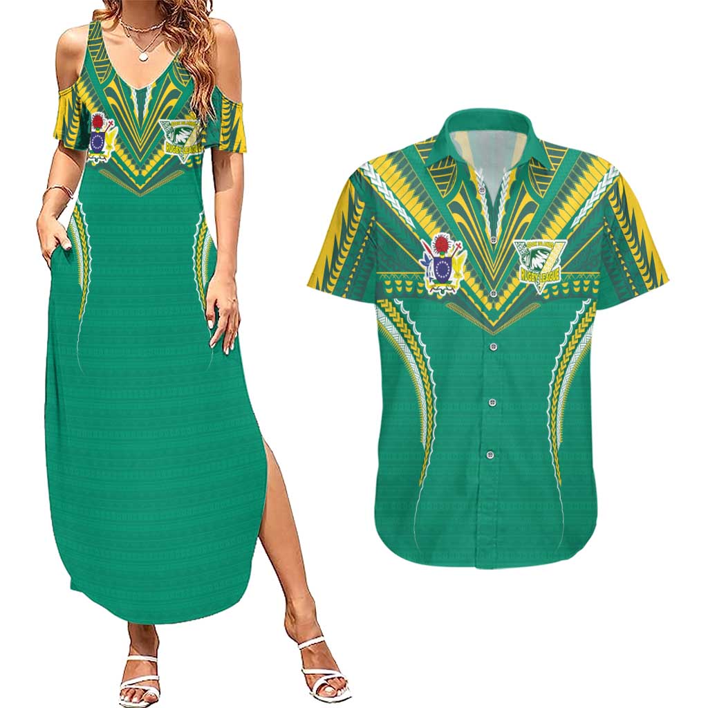 Custom Cook Islands Rugby Couples Matching Summer Maxi Dress and Hawaiian Shirt Tatau Art Sport Style Green Color