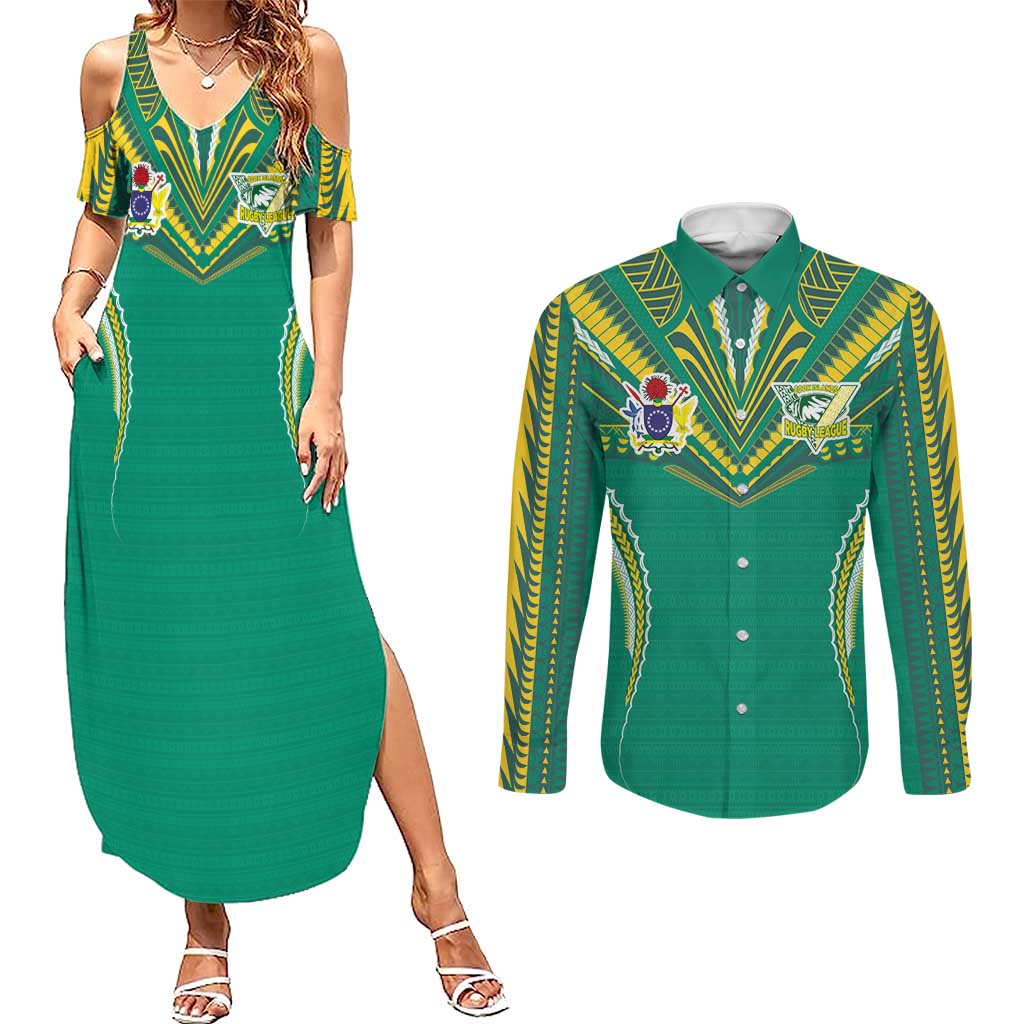 Custom Cook Islands Rugby Couples Matching Summer Maxi Dress and Long Sleeve Button Shirt Tatau Art Sport Style Green Color LT03 Green - Polynesian Pride