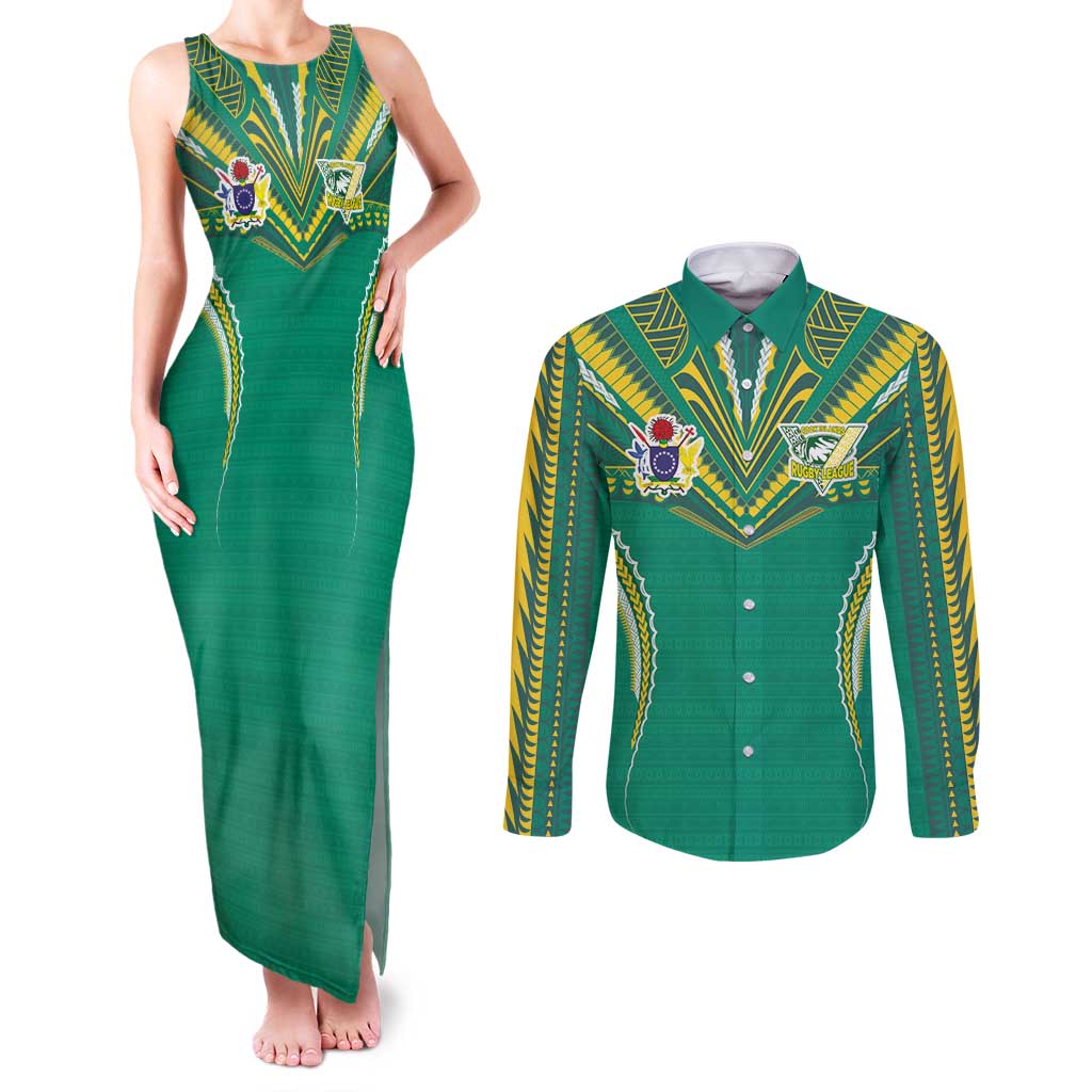 Custom Cook Islands Rugby Couples Matching Tank Maxi Dress and Long Sleeve Button Shirt Tatau Art Sport Style Green Color LT03 Green - Polynesian Pride