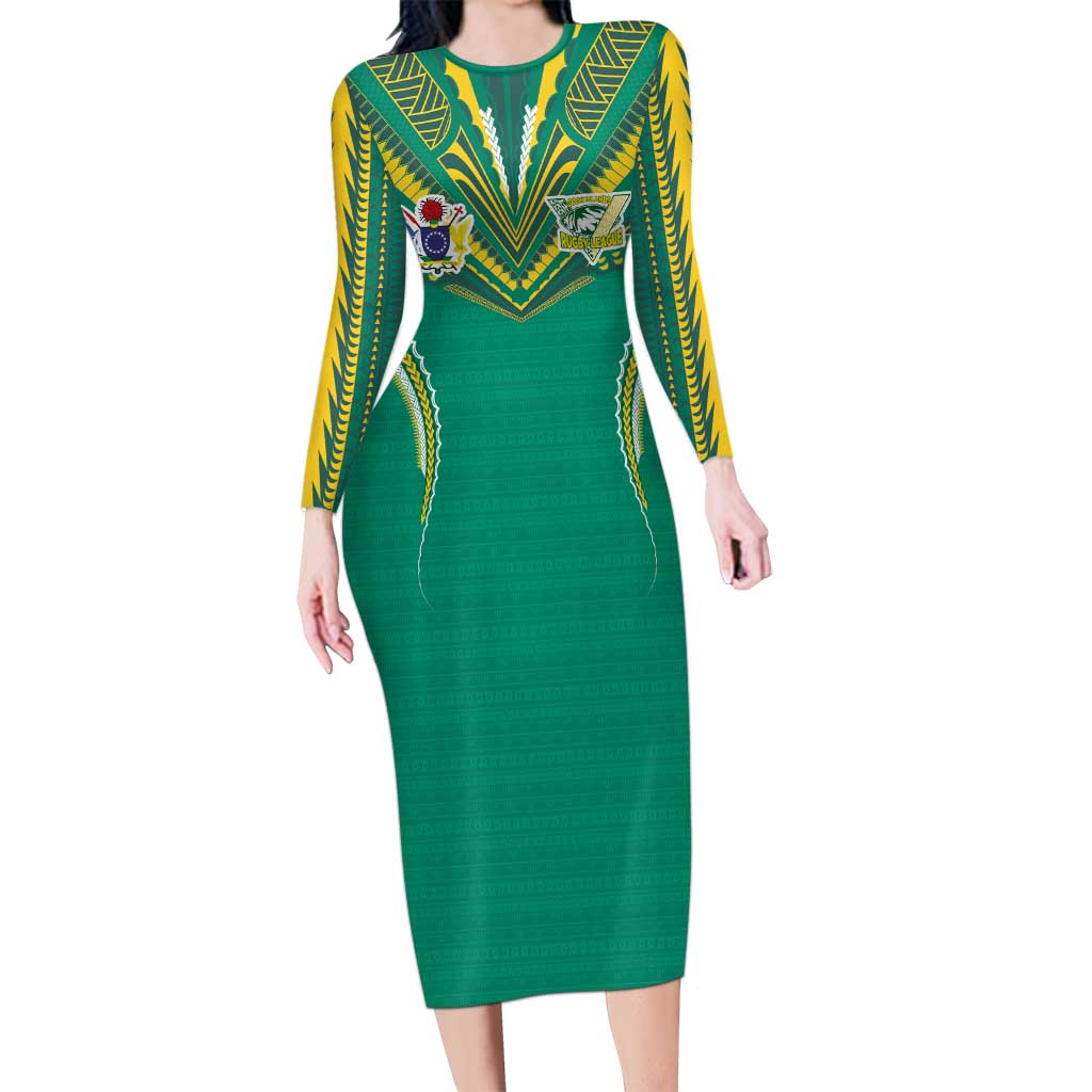 Custom Cook Islands Rugby Family Matching Long Sleeve Bodycon Dress and Hawaiian Shirt Tatau Art Sport Style Green Color LT03 Mom's Dress Green - Polynesian Pride