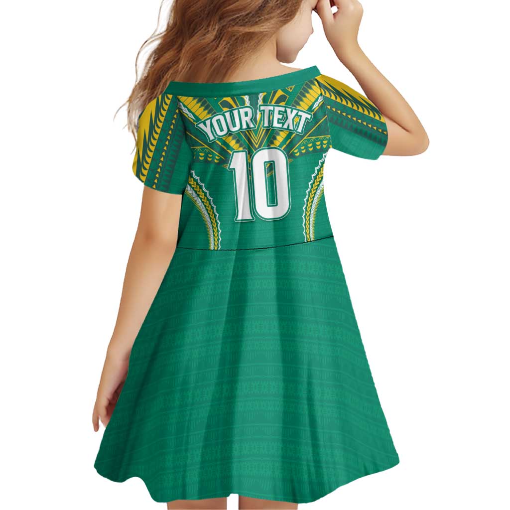 Custom Cook Islands Rugby Family Matching Off The Shoulder Long Sleeve Dress and Hawaiian Shirt Tatau Art Sport Style Green Color LT03 - Polynesian Pride