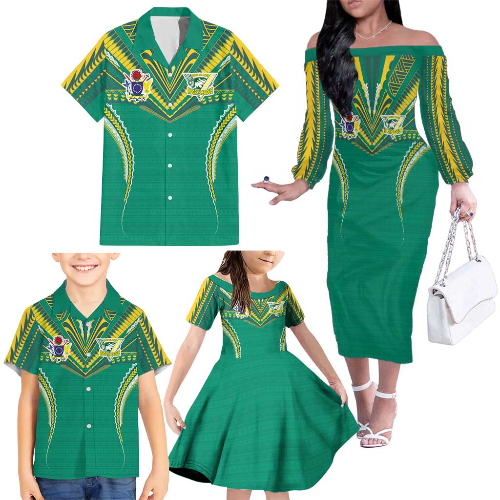 Custom Cook Islands Rugby Family Matching Off The Shoulder Long Sleeve Dress and Hawaiian Shirt Tatau Art Sport Style Green Color