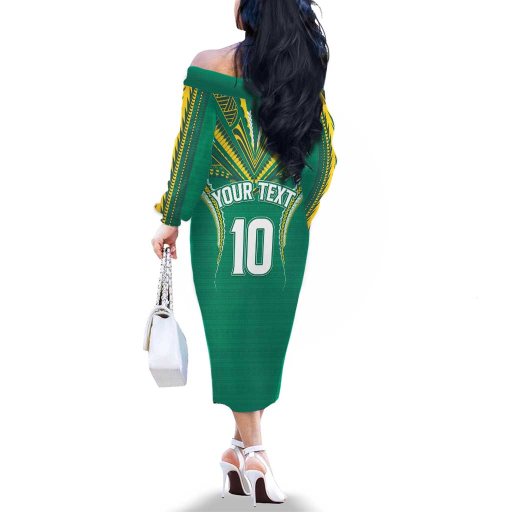 Custom Cook Islands Rugby Family Matching Off The Shoulder Long Sleeve Dress and Hawaiian Shirt Tatau Art Sport Style Green Color LT03 - Polynesian Pride