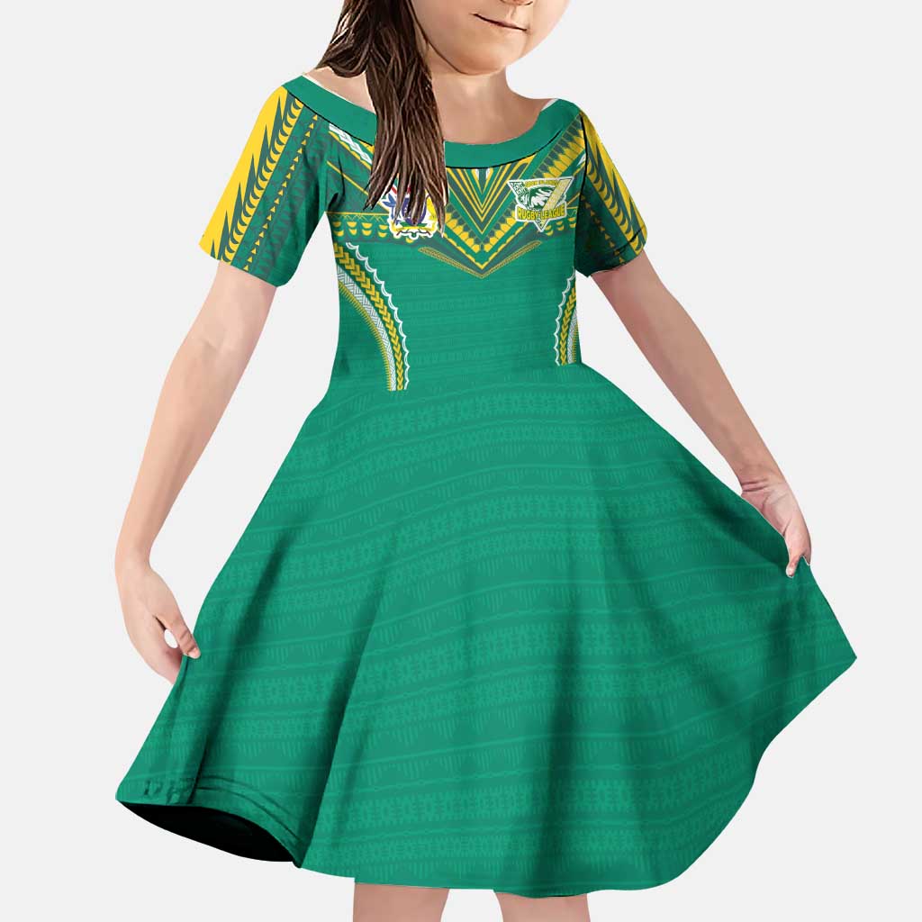 Custom Cook Islands Rugby Family Matching Off Shoulder Maxi Dress and Hawaiian Shirt Tatau Art Sport Style Green Color LT03 Daughter's Dress Green - Polynesian Pride