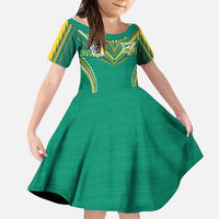 Custom Cook Islands Rugby Family Matching Off Shoulder Maxi Dress and Hawaiian Shirt Tatau Art Sport Style Green Color LT03 Daughter's Dress Green - Polynesian Pride