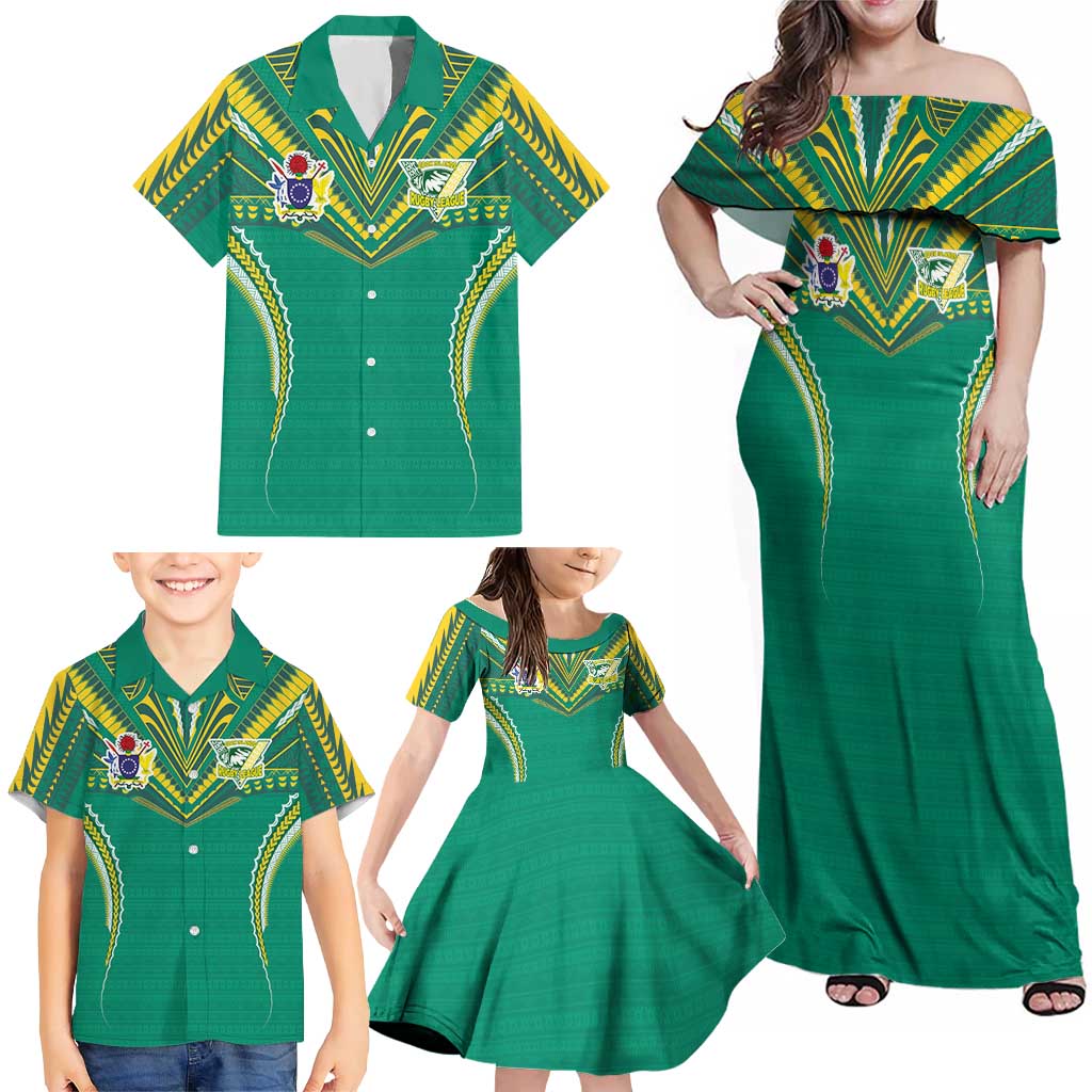 Custom Cook Islands Rugby Family Matching Off Shoulder Maxi Dress and Hawaiian Shirt Tatau Art Sport Style Green Color LT03 - Polynesian Pride