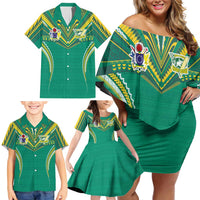 Custom Cook Islands Rugby Family Matching Off Shoulder Short Dress and Hawaiian Shirt Tatau Art Sport Style Green Color LT03 - Polynesian Pride