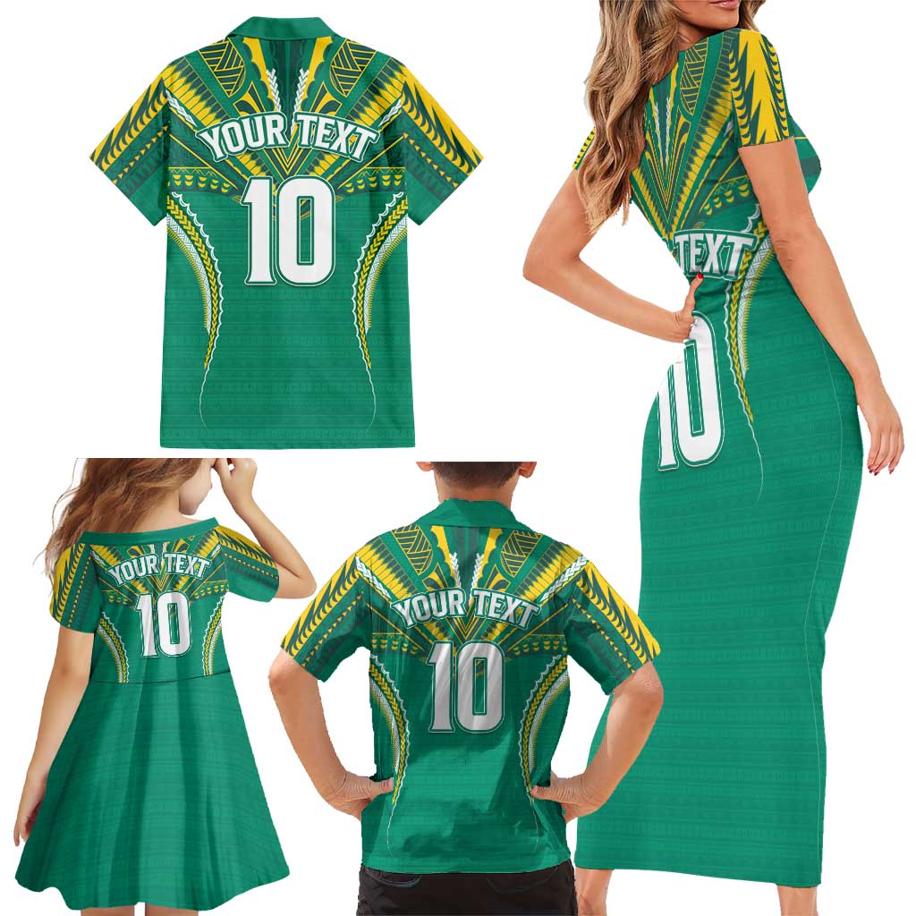 Custom Cook Islands Rugby Family Matching Short Sleeve Bodycon Dress and Hawaiian Shirt Tatau Art Sport Style Green Color LT03 - Polynesian Pride