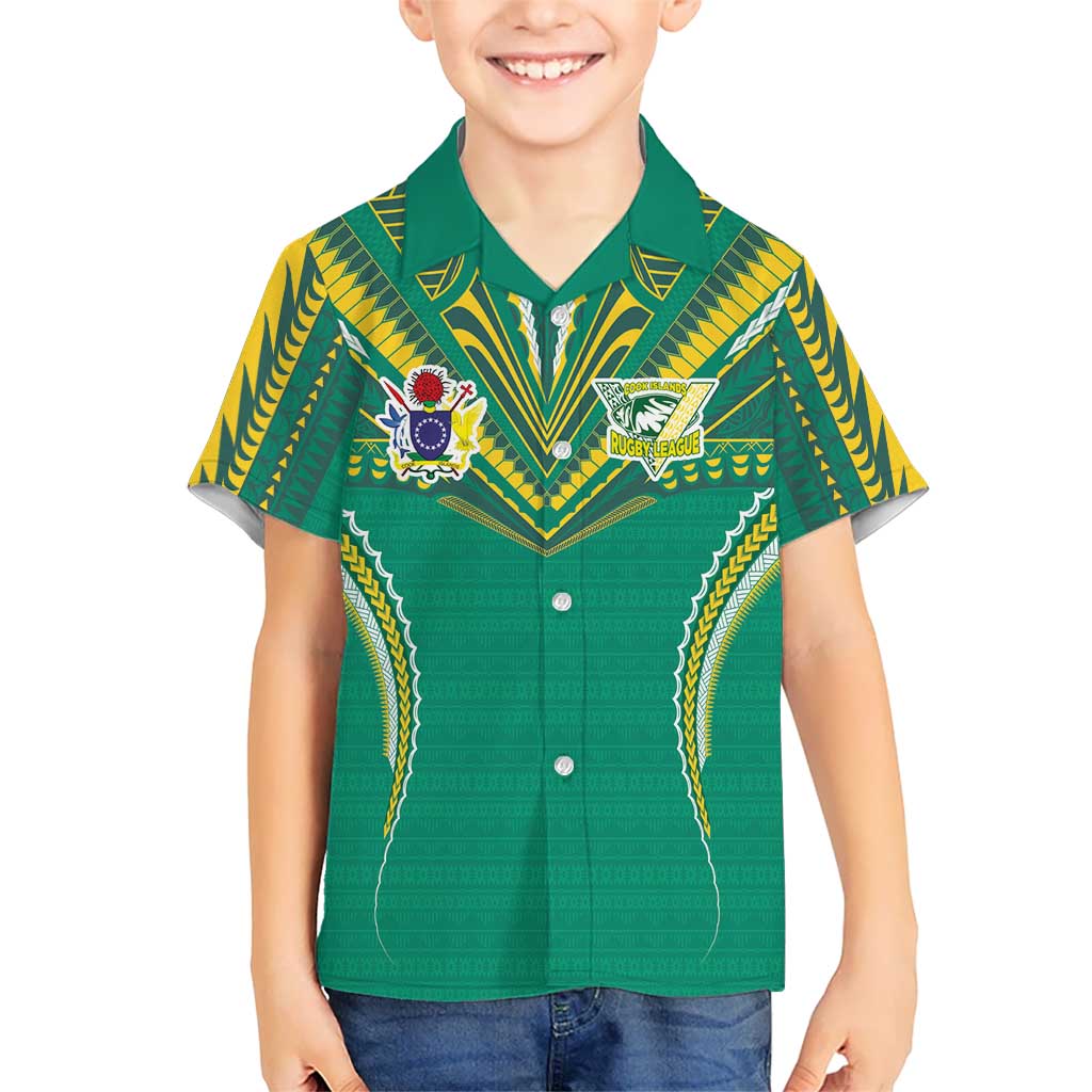 Custom Cook Islands Rugby Family Matching Short Sleeve Bodycon Dress and Hawaiian Shirt Tatau Art Sport Style Green Color LT03 Son's Shirt Green - Polynesian Pride