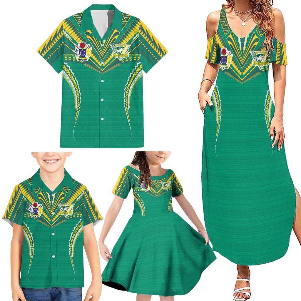 Custom Cook Islands Rugby Family Matching Summer Maxi Dress and Hawaiian Shirt Tatau Art Sport Style Green Color LT03 - Polynesian Pride