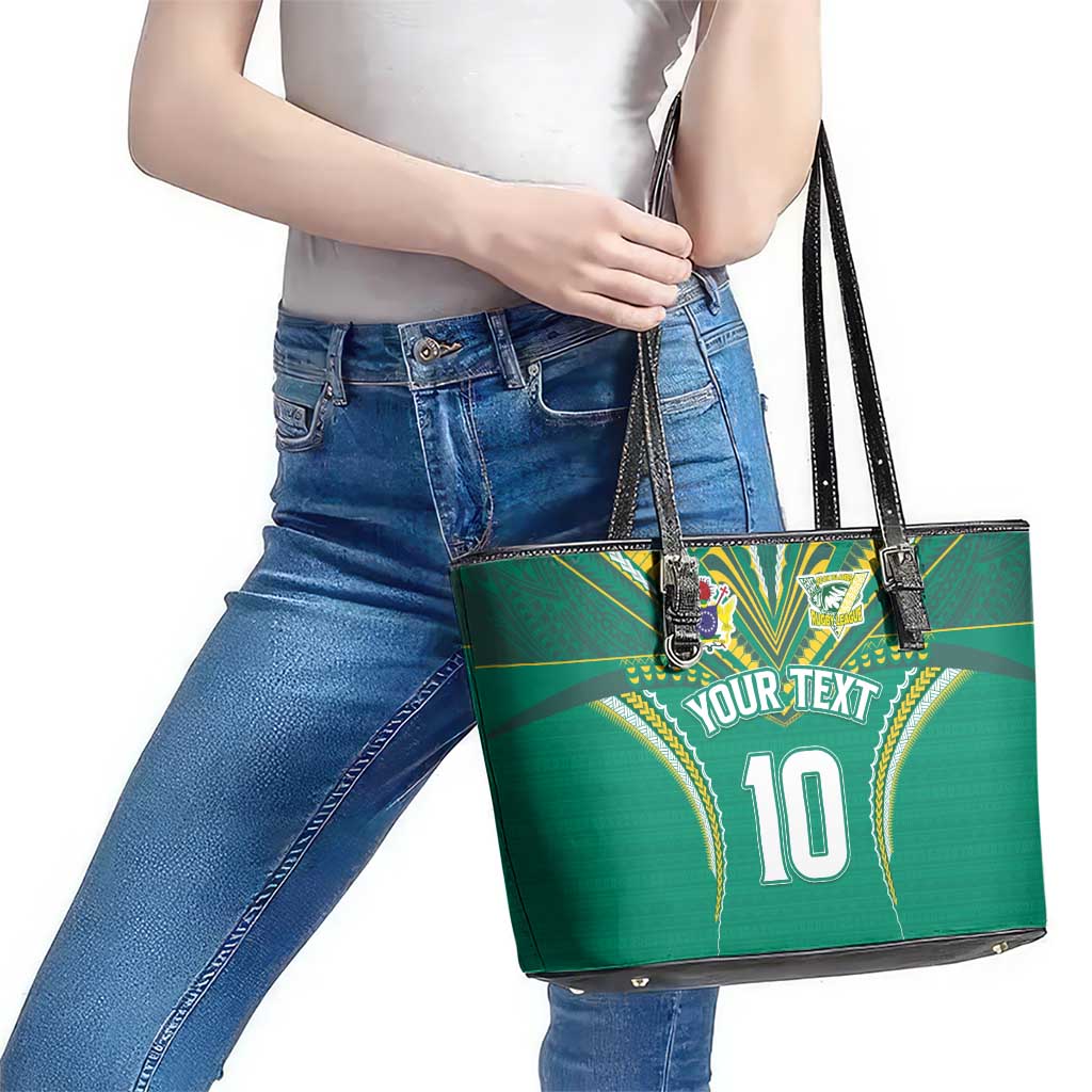 Custom Cook Islands Rugby Leather Tote Bag Tatau Art Sport Style Green Color
