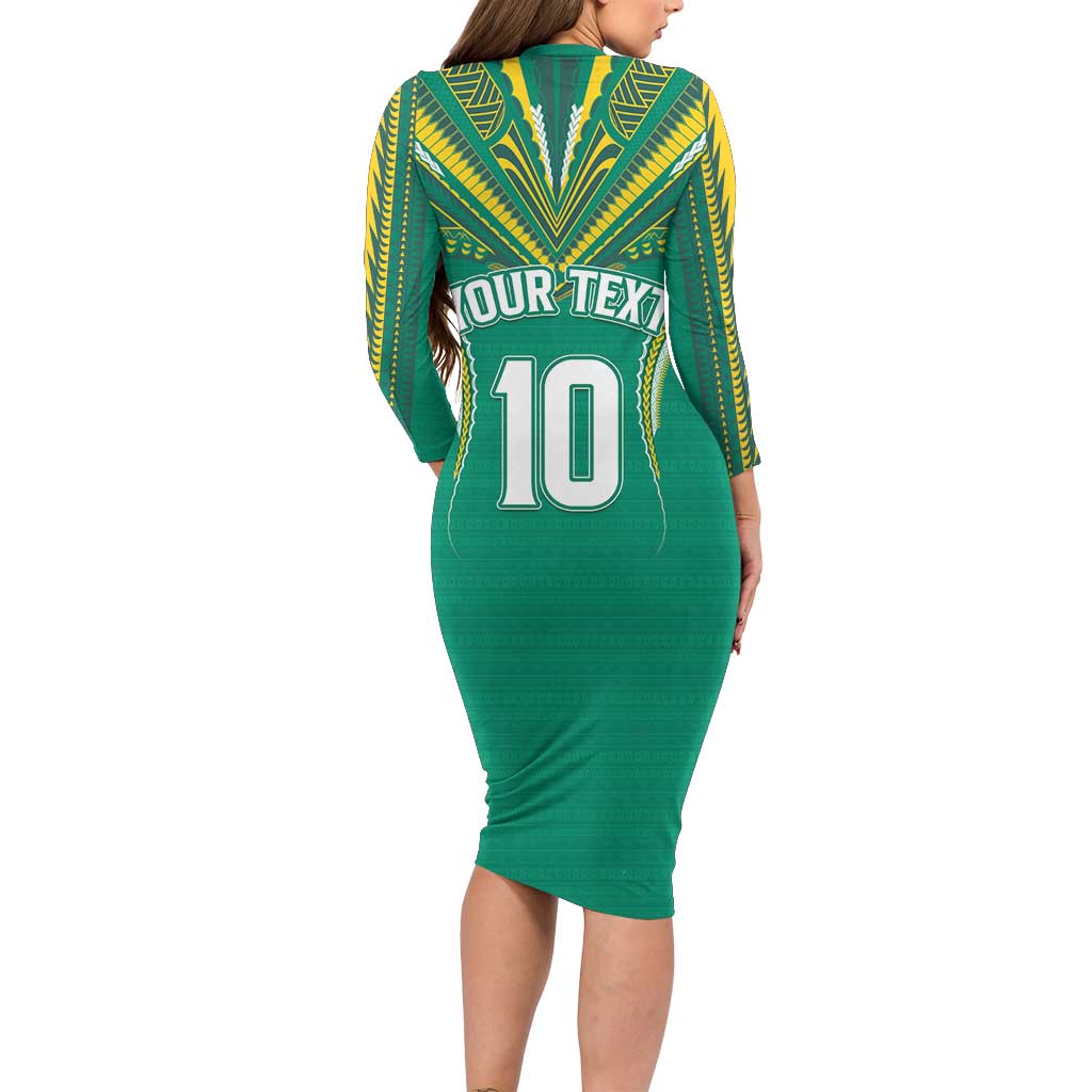 Custom Cook Islands Rugby Long Sleeve Bodycon Dress Tatau Art Sport Style Green Color