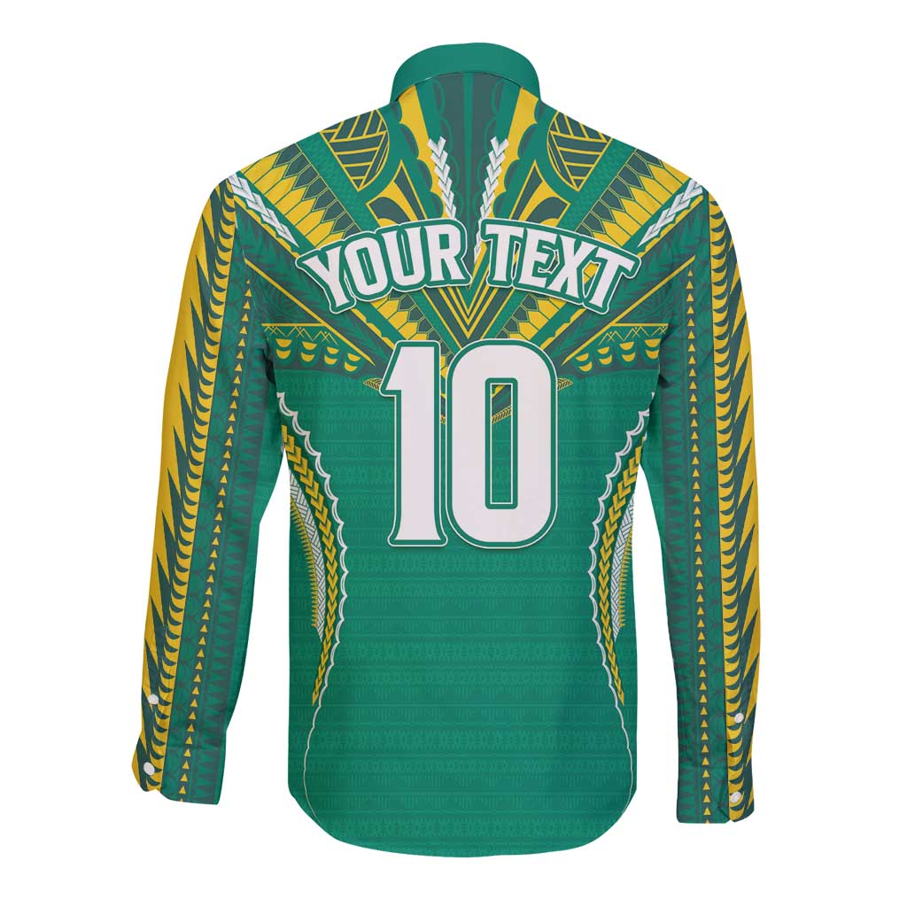 Custom Cook Islands Rugby Long Sleeve Button Shirt Tatau Art Sport Style Green Color