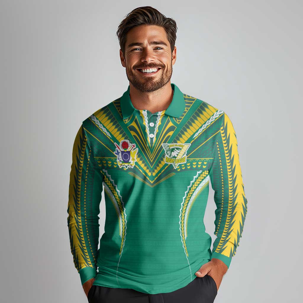 Custom Cook Islands Rugby Long Sleeve Polo Shirt Tatau Art Sport Style Green Color