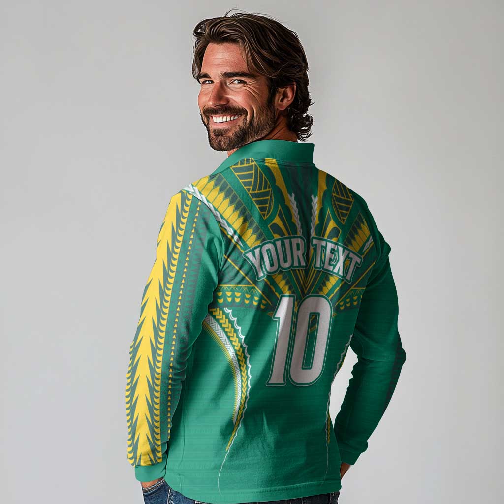 Custom Cook Islands Rugby Long Sleeve Polo Shirt Tatau Art Sport Style Green Color