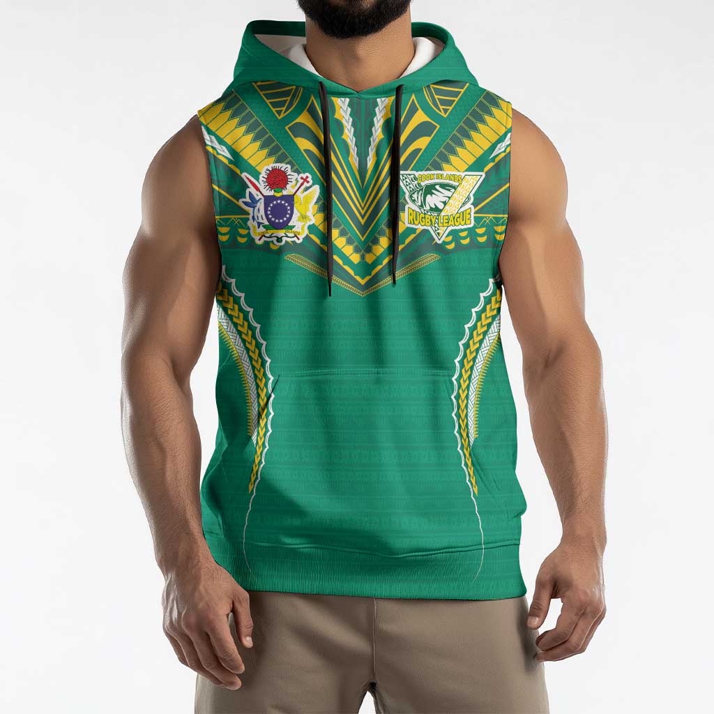 Custom Cook Islands Rugby Sleeveless Hoodie Tatau Art Sport Style Green Color