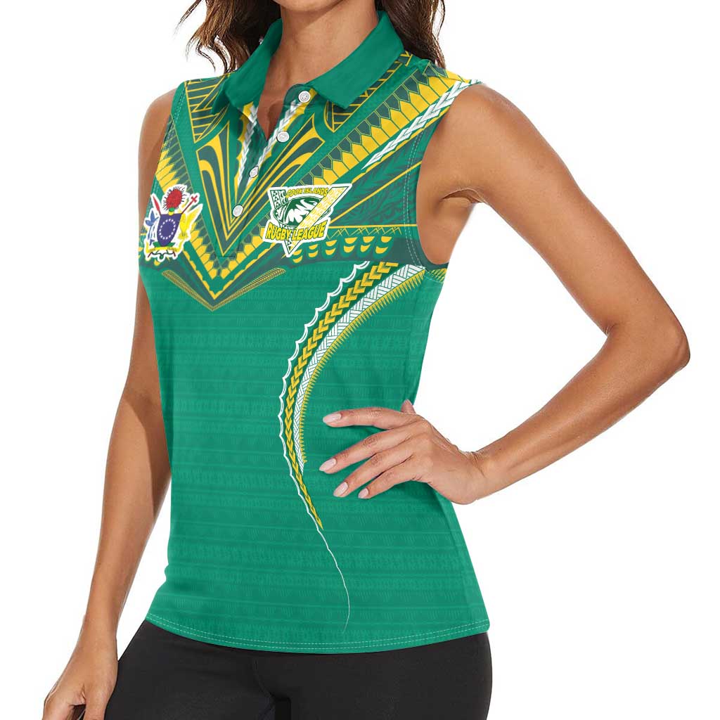 Custom Cook Islands Rugby Women Sleeveless Polo Shirt Tatau Art Sport Style Green Color LT03 - Polynesian Pride