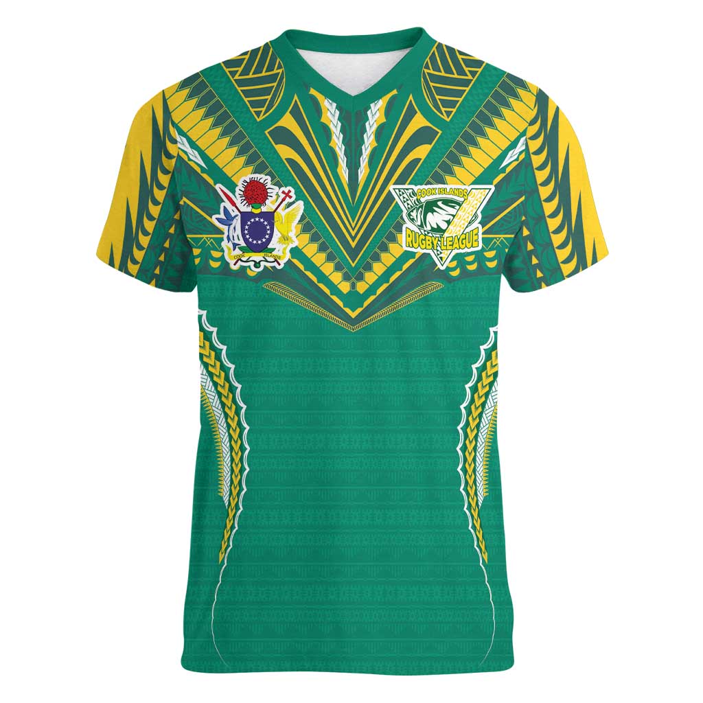 Custom Cook Islands Rugby Women V-Neck T-Shirt Tatau Art Sport Style Green Color LT03 Female Green - Polynesian Pride