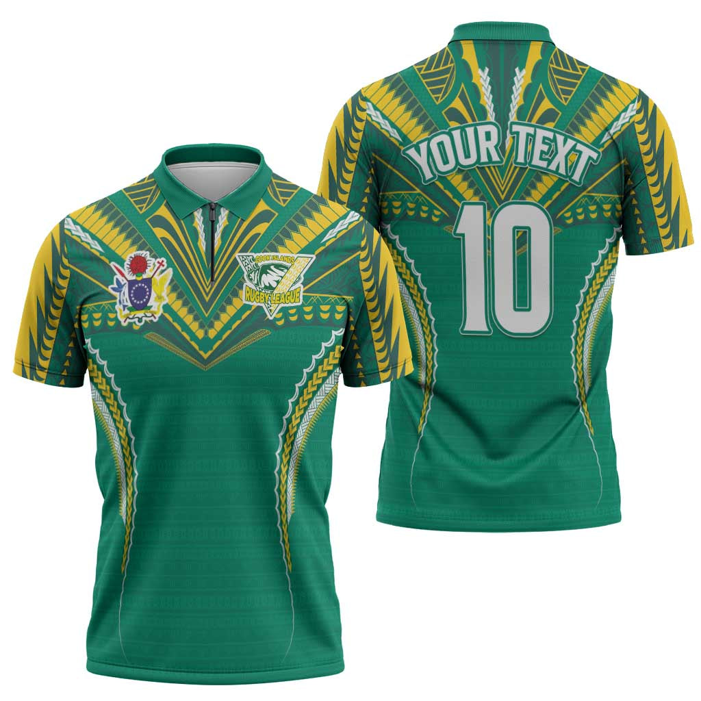 Custom Cook Islands Rugby Zipper Polo Shirt Tatau Art Sport Style Green Color