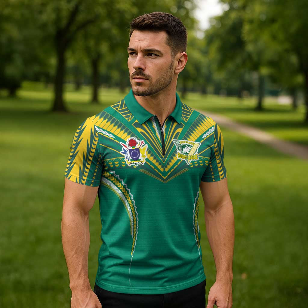 Custom Cook Islands Rugby Zipper Polo Shirt Tatau Art Sport Style Green Color