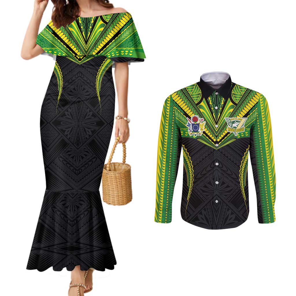 Custom Cook Islands Rugby Couples Matching Mermaid Dress and Long Sleeve Button Shirt Tatau Art Sport Style Black Color LT03 Black - Polynesian Pride