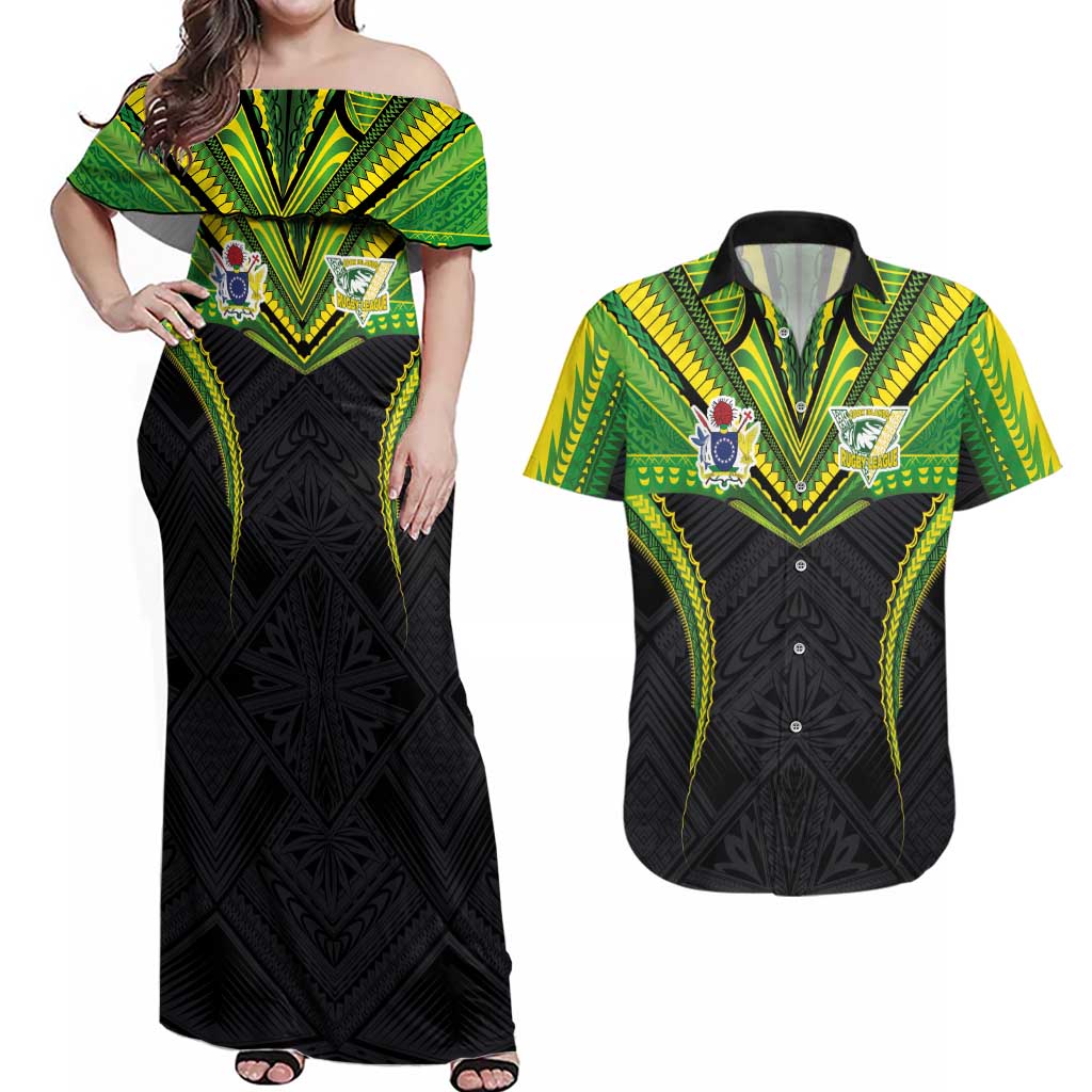 Custom Cook Islands Rugby Couples Matching Off Shoulder Maxi Dress and Hawaiian Shirt Tatau Art Sport Style Black Color LT03 Black - Polynesian Pride