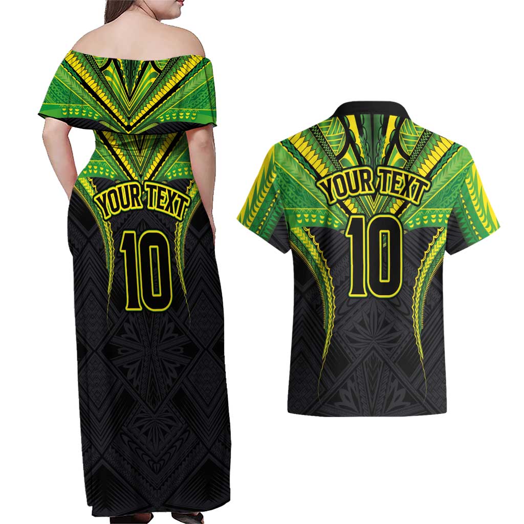 Custom Cook Islands Rugby Couples Matching Off Shoulder Maxi Dress and Hawaiian Shirt Tatau Art Sport Style Black Color LT03 - Polynesian Pride