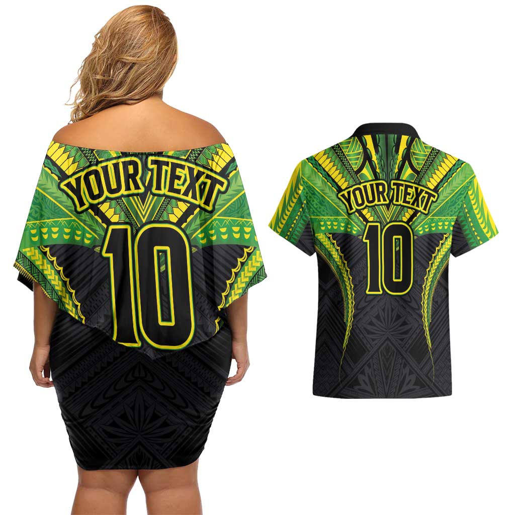 Custom Cook Islands Rugby Couples Matching Off Shoulder Short Dress and Hawaiian Shirt Tatau Art Sport Style Black Color LT03 - Polynesian Pride