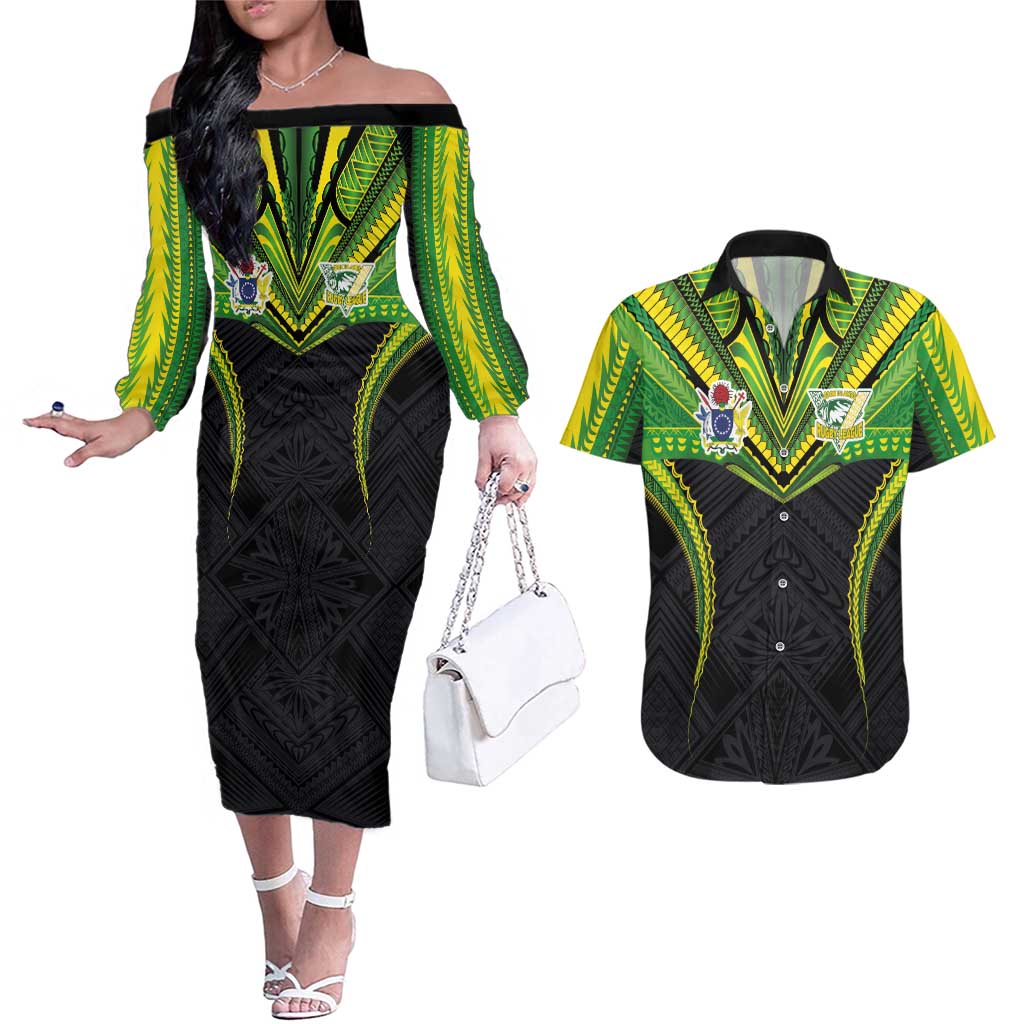 Custom Cook Islands Rugby Couples Matching Off The Shoulder Long Sleeve Dress and Hawaiian Shirt Tatau Art Sport Style Black Color LT03 Black - Polynesian Pride