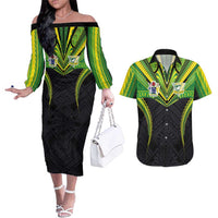 Custom Cook Islands Rugby Couples Matching Off The Shoulder Long Sleeve Dress and Hawaiian Shirt Tatau Art Sport Style Black Color LT03 Black - Polynesian Pride