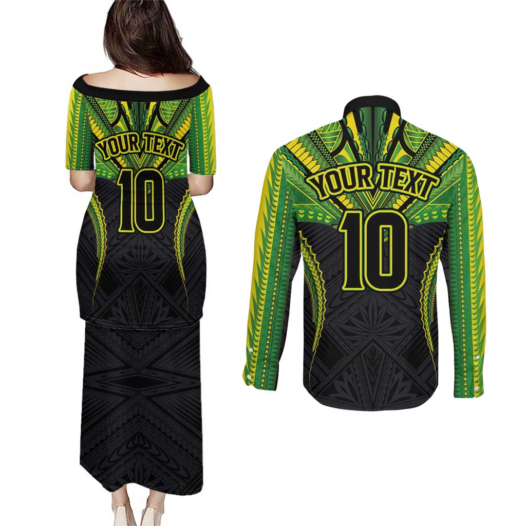Custom Cook Islands Rugby Couples Matching Puletasi and Long Sleeve Button Shirt Tatau Art Sport Style Black Color