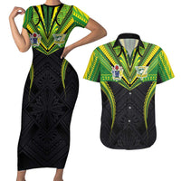 Custom Cook Islands Rugby Couples Matching Short Sleeve Bodycon Dress and Hawaiian Shirt Tatau Art Sport Style Black Color LT03 Black - Polynesian Pride