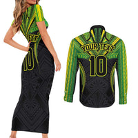 Custom Cook Islands Rugby Couples Matching Short Sleeve Bodycon Dress and Long Sleeve Button Shirt Tatau Art Sport Style Black Color LT03 - Polynesian Pride