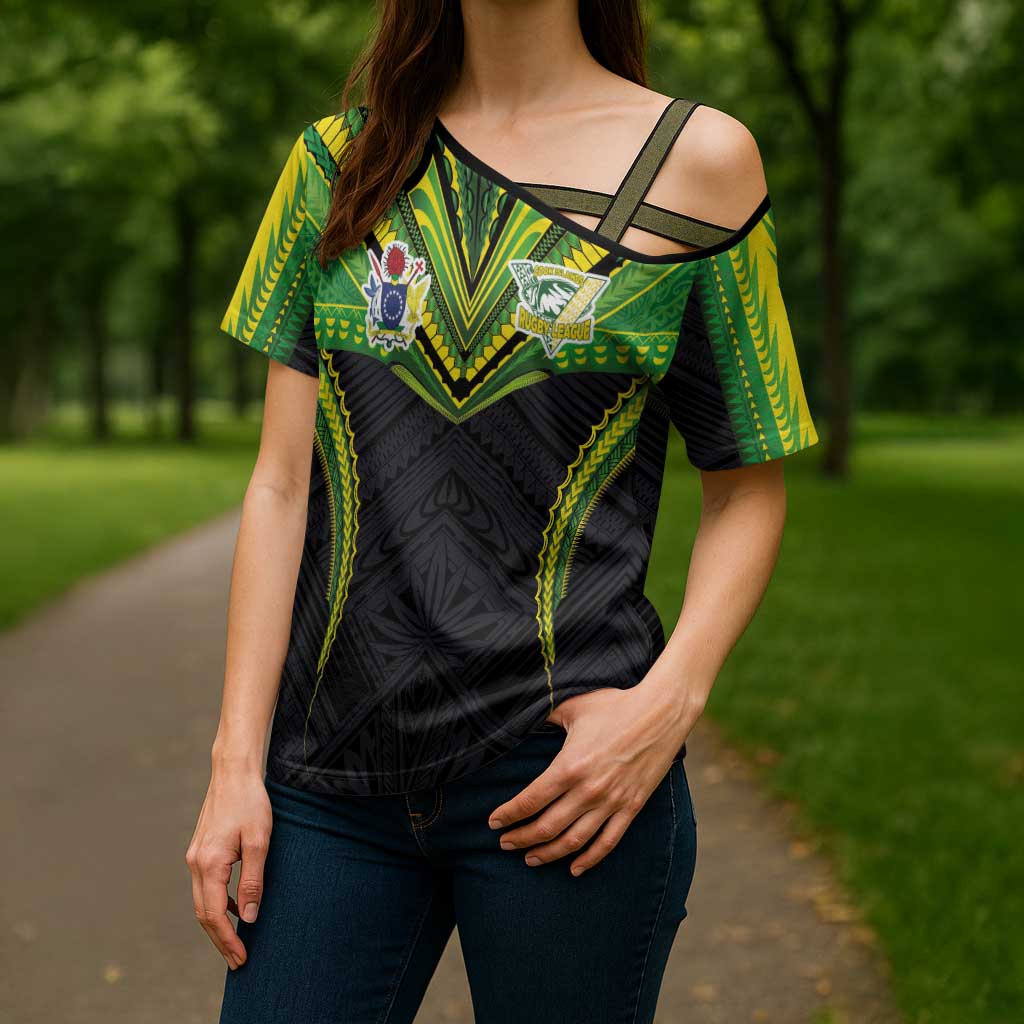 Custom Cook Islands Rugby Cross Shoulder Shirt Tatau Art Sport Style Black Color