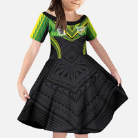 Custom Cook Islands Rugby Family Matching Long Sleeve Bodycon Dress and Hawaiian Shirt Tatau Art Sport Style Black Color LT03 Daughter's Dress Black - Polynesian Pride